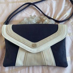 💜GRACE ADELE 💜pleather crossbody envelope clutch. Dark purple, beige and white